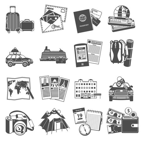 Summer vacation travel symbols icons set of transportation and sightseeing guide map black abstract isolated vector illustrationのイラスト素材