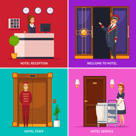 Hotel service 2x2 design concept set of square icons with doorman receptionist chambermaid bellboy cartoon characters vector illustrationのイラスト素材
