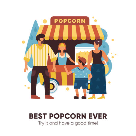 Popcorn van with sellers buyers and family symbols flat vector illustrationのイラスト素材
