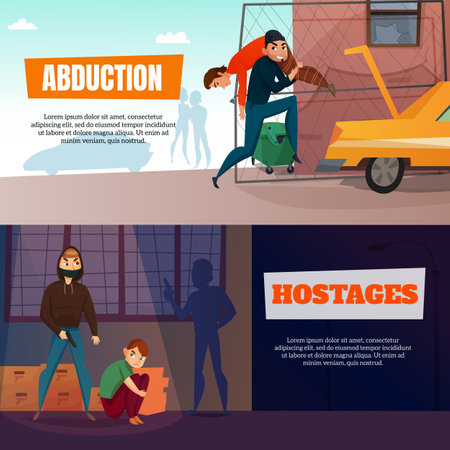 Criminals horizontal banners set with abduction and hostages symbols flat isolated vector illustrationのイラスト素材