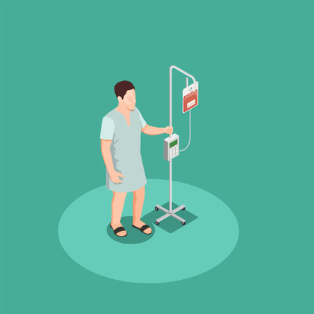 Patient in hospital clothing with dropper isometric composition on turquoise background vector illustrationのイラスト素材
