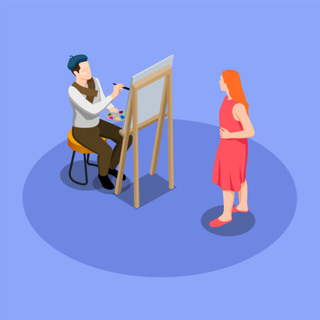 Street artist during painting of portrait of woman in red isometric composition on blue background vector illustrationのイラスト素材