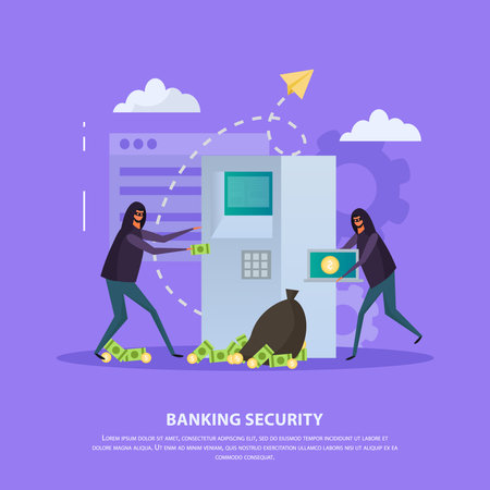 Banking security flat composition with hackers during atm robbery on violet background vector illustrationのイラスト素材