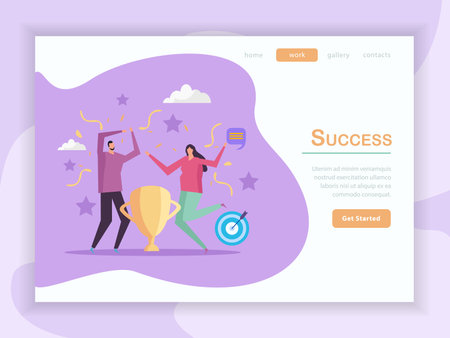 Success concept flat landing page design with clickable buttons text and images of people with icons vector illustrationのイラスト素材