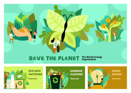 Environmental restoration set of horizontal banners with green energy garbage cleaning eco safe factory isolated vector illustrationのイラスト素材