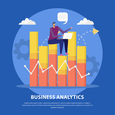 Effective management concept flat background with infographic images pictogram silhouettes and doodle human character with text vector illustrationのイラスト素材