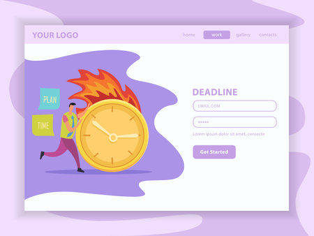 Deadline flat landing web page with user account and running human character with burning clock vector illustrationのイラスト素材