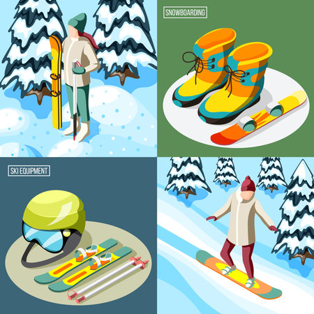 Ski resort isometric design concept skier with sports equipment and snowboarder on slope isolated vector illustrationのイラスト素材