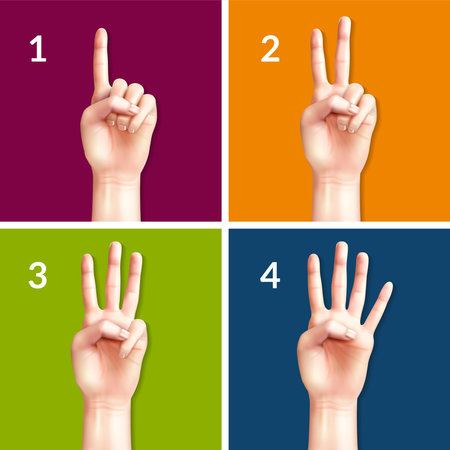 Counting hands from one to four 2x2 design concept set of square colored icons realistic vector illustrationのイラスト素材
