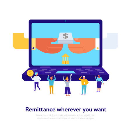 Online payment concept with customers and money order on laptop screen on white background flat vector illustrationのイラスト素材