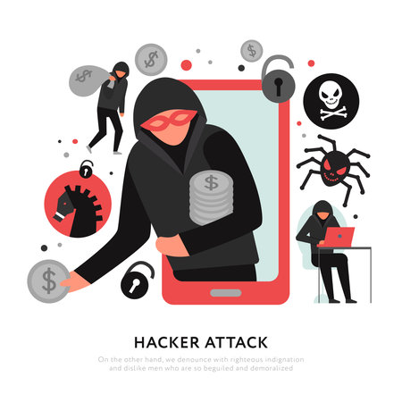 Hacker attack composition with digital robbery and malware icons on white background flat vector illustrationのイラスト素材