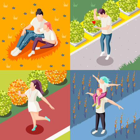 Happy people outdoor 4 isometric icons square concept with couples and singles enjoying nature isolated vector illustrationのイラスト素材
