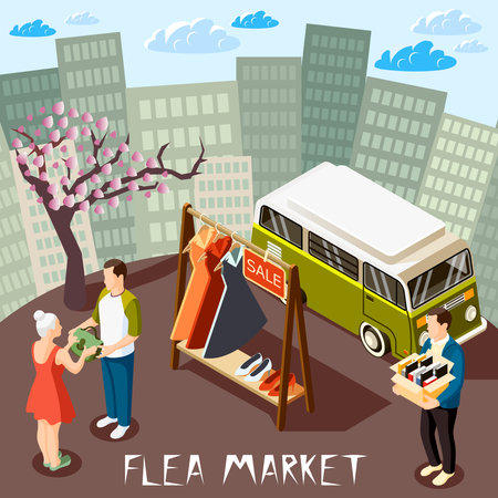 People choosing goods at flea market on cityscape background isometric composition 3d vector illustrationのイラスト素材