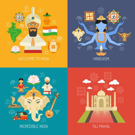 India design concept set with hinduism religion flat icons isolated vector illustrationのイラスト素材