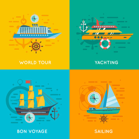 Ocean liner world cruise and yacht club sailing 4 flat icons square banner abstract isolated vector illustrationのイラスト素材
