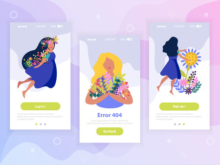 Colorful flat vertical banners set with girls and spring flowers isolated vector illustrationのイラスト素材