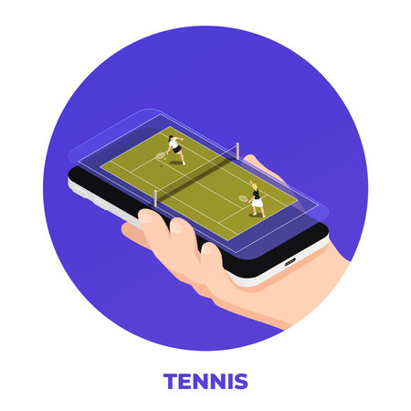 Tennis isometric circle composition with human hand holding smartphone with sport playground and isolated editable text vector illustrationのイラスト素材