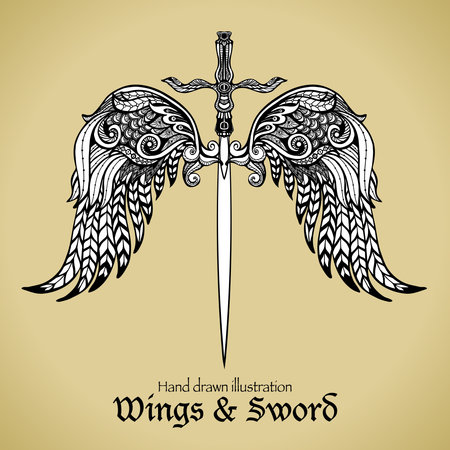 Retro sword with gothic ornamental wings royal emblem sketch vector illustrationのイラスト素材