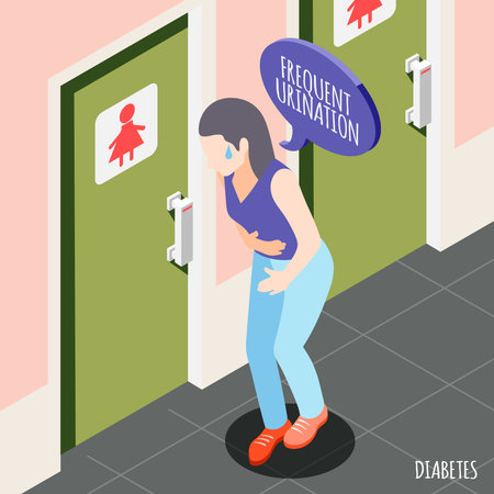 Diabetes isometric background with young woman holding her stomach and suffering from frequent urination vector illustrationのイラスト素材