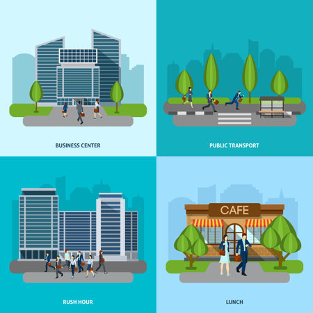 People go to work design concept set with public transport station flat icons isolated vector illustrationのイラスト素材