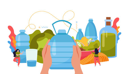 Drink water flat and colored composition large bottle of water in hand and healthy food around vector illustrationのイラスト素材