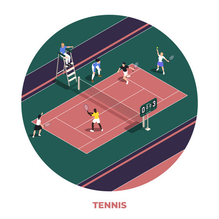 Round tennis isometric composition four people play on one court and the referee sits on a chair vector illustrationのイラスト素材