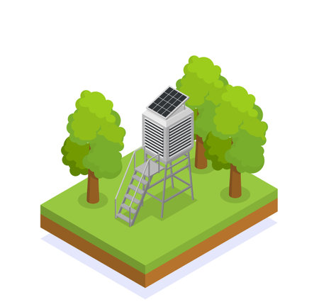 Isometric solar powered weather station in forest 3d vector illustrationのイラスト素材