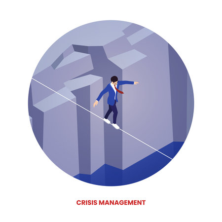Crisis management concept with businessman balancing on the rope isometric vector illustrationのイラスト素材