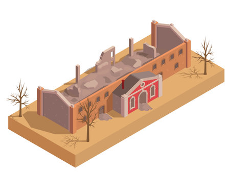 Ruined destroyed city building and burned trees isometric vector illustrationのイラスト素材