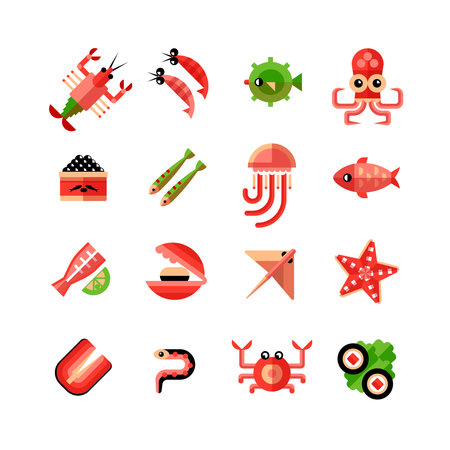 Seafood flat color icon set with octopus shrimp sushi starfish and bank of caviar in cartoon style isolated vector illustrationのイラスト素材