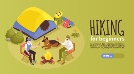 Isometric hiking camping horizontal banner with images of tent with campfire people and text with button vector illustrationのイラスト素材