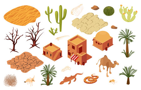 Desert isometric icons set of traditional mud brick architecture dry soils pavement sand dunes isolated vector illustrationのイラスト素材