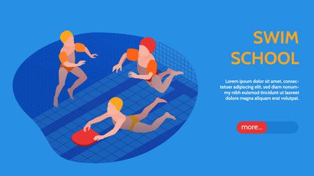 Isometric swimming pool horizontal banner with three children swimming and swim school headline vector illustrationのイラスト素材