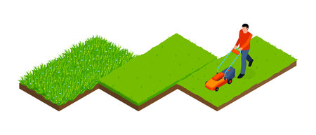 Isometric lawn mower concept with male cutting grass vector illustrationのイラスト素材