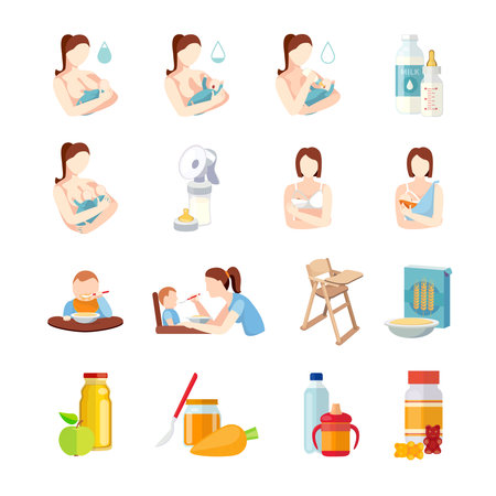 Babies breastfeeding positions and toddlers milk formula feeding with spoon flat icons set abstract isolated vector illustrationのイラスト素材