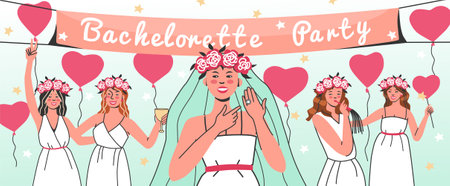 Bachelorette party hen party flat composition with doodle style female characters with balloons and ornate text vector illustrationのイラスト素材