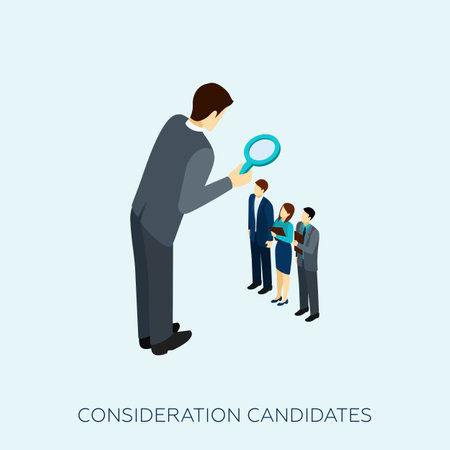 Choosing a candidate for a job concept with magnifying glass isometric vector illustrationのイラスト素材