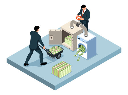 Money laundering isolated object at white background with two accomplices washing heap of banknotes in machine isometric vector illustrationのイラスト素材