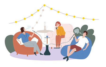 Hookah bar flat composition the group of three friends smoking hookah in a bar vector illustrationのイラスト素材