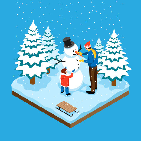 Winter isometric background with father and his little child sculpting snowman in spruce forest vector illustrationのイラスト素材