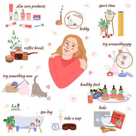Self care composition with hobby symbols flat isolated vector illustrationのイラスト素材