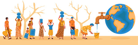 Water scarcity flat concept composition with human characters of starving people pouring water from earth globe vector illustrationのイラスト素材