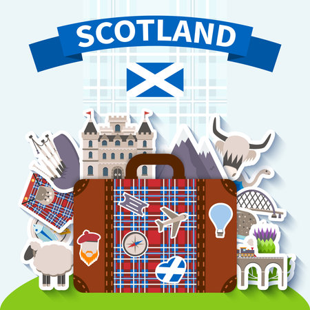 Scotland travel background with national symbols and nature flat vector illustrationのイラスト素材