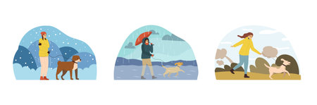 Three bad weather people flat composition set the owner of the dog walks with him in all weathers vector illustrationのイラスト素材