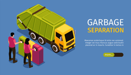 Isometric colored garbage recycling horizontal banner with garbage separation headline and more green button vector illustrationのイラスト素材
