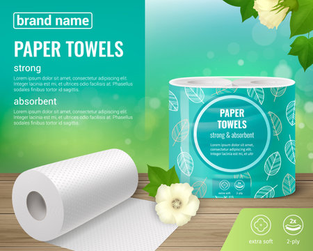 Toilet paper kitchen towels rolls realistic advertising background with images of flowers editable text and icons vector illustrationのイラスト素材
