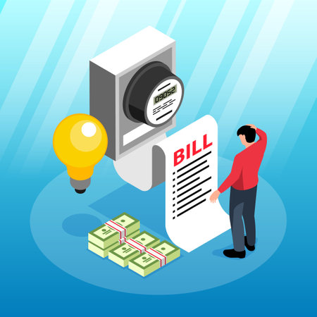 Public utilities isometric composition with man character puzzled by big electricity bill vector illustrationのイラスト素材