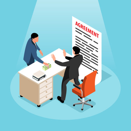 Money laundering isometric background with official male character refusing bribe offered by businessman vector illustrationのイラスト素材