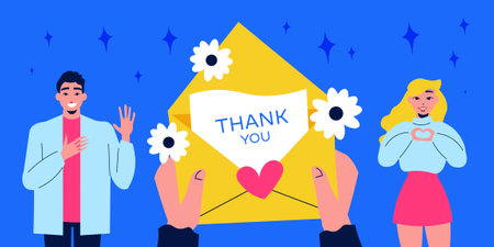 Graditude flat horizontal banner with human hands holding thank you letter vector illustrationのイラスト素材