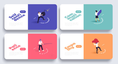 Soft skills isometric horizontal colorful banners set with self confidence patience communication and empathy isolated vector illustrationのイラスト素材